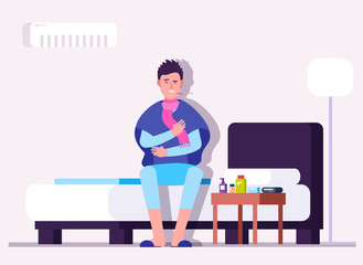 Man having cold or flu. Winter illness, sick person, patient with thermometer. Flu virus prevention vector medical concept. Patient sick, cold and flu, ill and fever, man with thermometer illustration