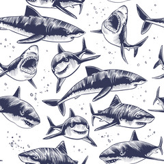 Sharks seamless pattern. Hand drawn underwater sea fish nautical japanese background. Illustration of underwater shark in sea, marine wildlife