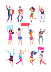 People in parade. Peaceful participants with placards and banners. Activists manifestation vector characters set. Illustration of protest political and demonstrate, revolution people