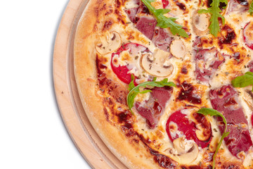 Italian fast food. Delicious hot pizza sliced and served on wooden platter isolated on white background