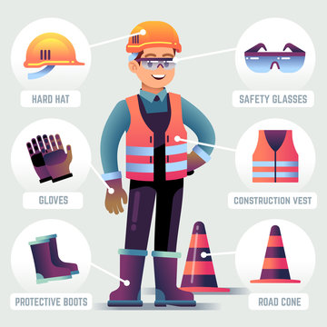 Worker with safety equipment. Man wearing helmet, gloves glasses, protective gear. Builder protection clothing PPE vector infographic. Worker safety helmet, equipment for work protection illustration