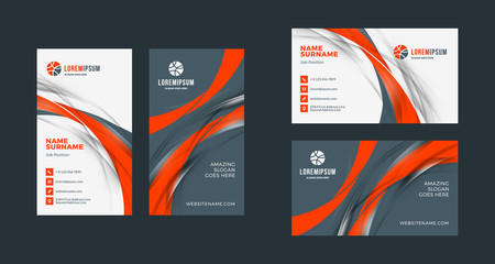 Double-sided creative business card template. Portrait and landscape orientation. Horizontal and vertical layout. Red and black color theme. Vector illustration