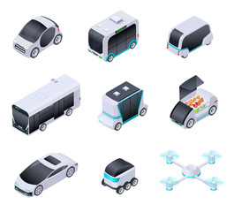 Driverless cars. Future smart vehicles. Unmanned city transport, autonomous truck and drone. Isometric vector isolated icons. Illustration of automobile intelligent, smart auto and transport vehicle
