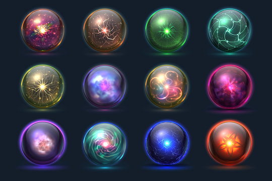 Magical crystal orbs. Glowing magic balls, mysterious paranormal wizard spheres. Vector set of crystal orb and ball sphere illustration