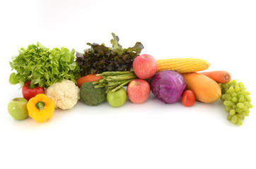 Fruits and vegetables on white background