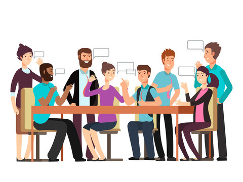 Cartoon character business team have conversation. Woman and man at morning meeting. Illustration of discussion and talk, speech talking brainstorm