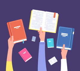 Hands holding books. Public library, literature and readers. Education and knowledge vector concept. Illustration of hand with book, open and read