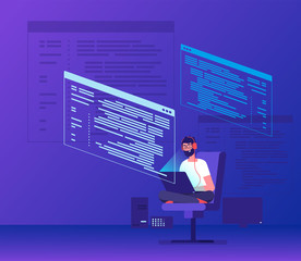 Programmer coding. Young man freelancer working on program code with laptop. Geek coding software vector concept. Illustration of man developer with laptop
