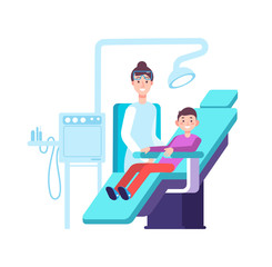 Dentist and kid patient. Doctor exams childs teeth in dental office. Dentistry, oral hygiene and stomatology vector concept. Kids dental, patient and doctor, specialist healthcare teeth illustration