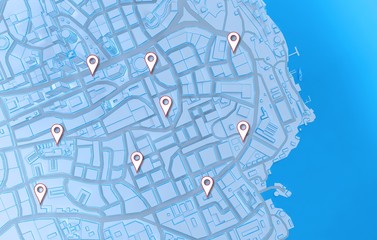 city top view with pins mark