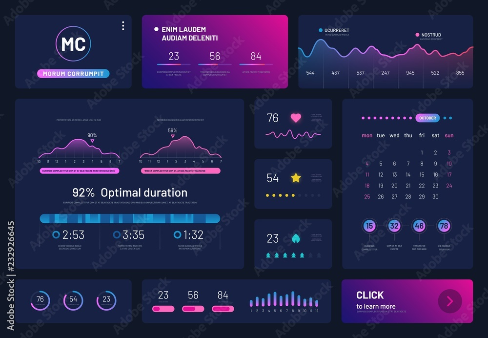 Poster dashboard infographics. trading platform with statistics graphs finance charts, calendar. visualizat