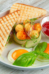 Club sandwich panini with ham, tomato, cheese and basil with cheese balls
