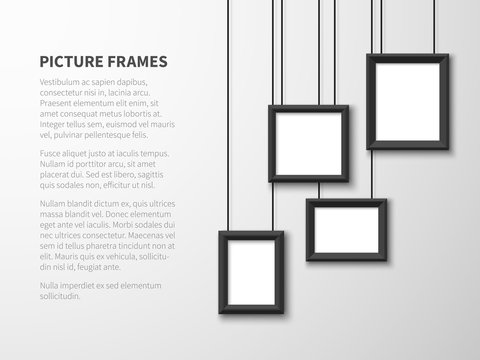 Blank hanging frames. Pictures, photo frames on light wall. Contemporary vector interior. Illustration of interior wall banner with picture frame