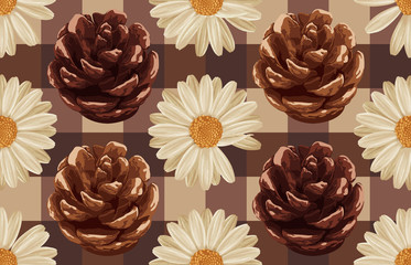 Printable seamless vintage autumn repeat pattern background with daisies, and pine cones. Botanical wallpaper, raster illustration in super High resolution.