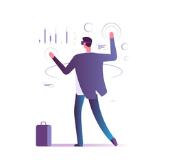 Virtual augmented reality business concept. Man with vr gadgets manages e-account. Future banking technologies vector illustration. Business virtual, vr bank online, e-banking interact