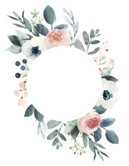 Watercolor wedding floral frame composition with blush roses and eucalyptus