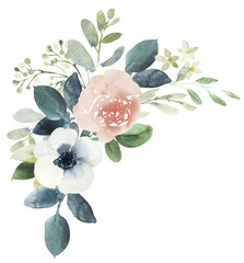 Watercolor wedding floral bouquet composition with blush roses and eucalyptus