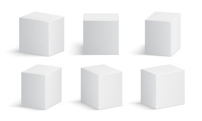 White box. Blank medicine package. Medical product cardboard boxes 3d vector isolated mockup. Product mockup package box illustration