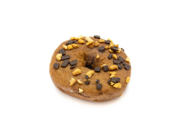 Donut with chocolate and nut isolated on white background. Clipping path for use