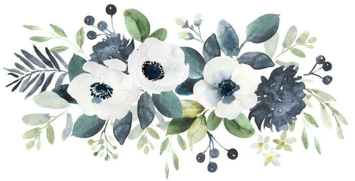 Watercolor wedding floral bouquet composition with black and white hellebore and eucalyptus