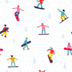 Snowboarding seamless pattern with people with snowboard. Winter sport illustration in vector