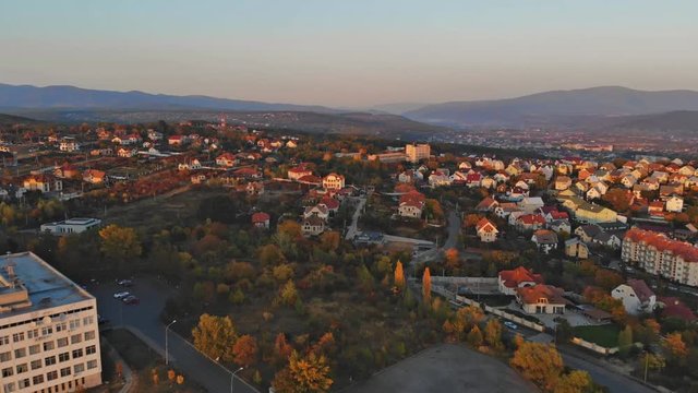 Small town panoramic city view at sunset Uzhhorod Ukraine Europe