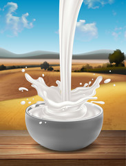 A cup of milk with a splash effect against a natural landscape. High detailed realistic illustration