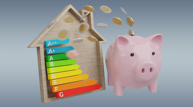 Energy chart rating and piggy bank illustration 3D rendering