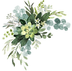Wedding greenery bouquet. Watercolor illustration with eucalyptus.