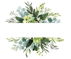 Wedding greenery frame. Watercolor illustration with eucalyptus.