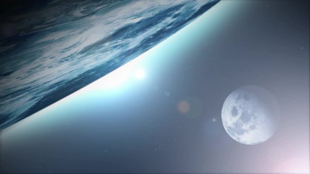 Earth Planet Background With Moon Satellite/ Animation of a realistic HD earth planet surface with cloudscape motion, lens flare effect and moon satellite behind