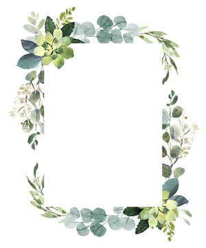 Wedding greenery frame. Watercolor illustration with eucalyptus.