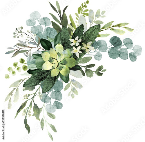 Wedding greenery bouquet. Watercolor illustration with eucalyptus.
