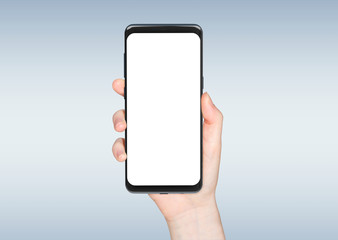 Woman hand holding modern smatphone mockup on white