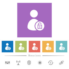 Unlock user account flat white icons in square backgrounds