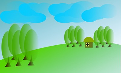 Obraz premium landscape view with green tree and home or house on mountain