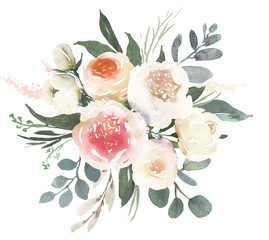 Watercolor wedding floral bouquet composition with white roses and eucalyptus