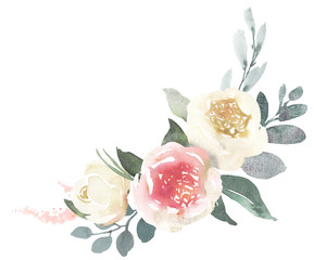 Watercolor wedding floral bouquet composition with white roses and eucalyptus