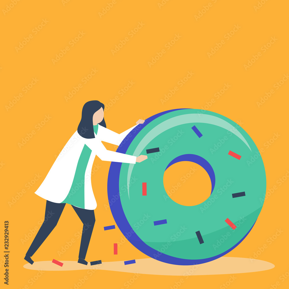 Poster character of a woman rolling a giant donut illustration