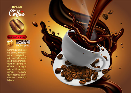 Coffee advertising design with cup of coffee and splash effect,  high detailed realistic illustration
