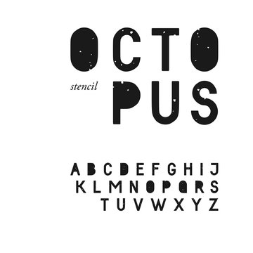 Grunge textured sans serif stencil font in uppercase. Stamp typeface
