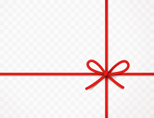 String bow isolated on transparent background. Vector cord, rope or twine. Red Christmas wrap element template.