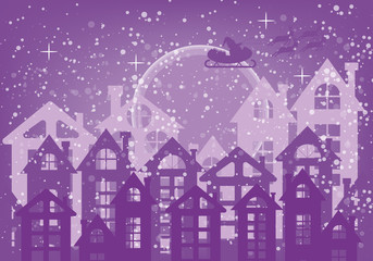 Merry christmas greeting card and Santa Claus on the sky with purple background. illustration vector