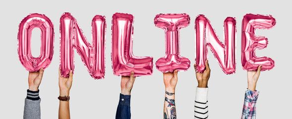 Hands showing online balloons word
