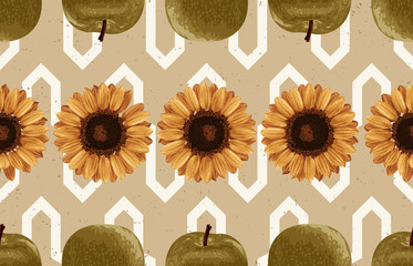 Printable seamless vintage autumn repeat pattern background with green apples and sunflowers. Botanical wallpaper, raster illustration in super High resolution.