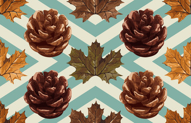 Printable seamless vintage autumn repeat pattern background with maple leaves and pine cones. Botanical wallpaper, raster illustration in super High resolution.