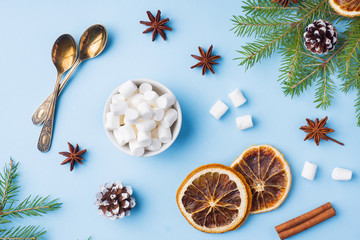 Decoration for Christmas concept. Food oranges nuts spices pine cones Christmas tree on blue pastel background with copy space.