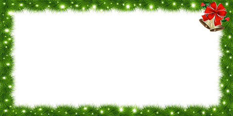 Realistic fir-tree sparkling rectangle border with red bow and bells on white