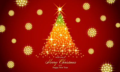 赤い背景に輝くクリスマスツリー