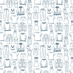 Fashion doodles pattern. Clothes sketch. Apparel. Outfit. Woman fashion background. Fabric design. Casual style. Denim. Jeans wear. Dress. Coat. Jacket. Leggins. Sweater. T-shirt.